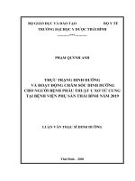 Thực trạng dinh dưỡng và hoạt động chăm sóc dinh dưỡng cho người bệnh phẫu thuật u xơ tử cung tại bệnh viện phụ sản thái bình năm 2019  