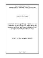 Công đoàn bảo vệ quyền lợi người lao động tại doanh nghiệp ngoài nhà nước trong bối cảnh kinh tế thị trường, hội nhập quốc tế ( nghiên cứu thực tế ở tỉnh hà tĩnh) 