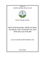 HOÀNG THỊ THU HƯỜNG PHÂN TÍCH DANH mục THUỐC sử DỤNG tại TRUNG tâm y tế HUYỆN pác nặm TỈNH  bắc kạn năm 2018 LUẬN văn dược sĩ CHUYÊN KHOA cấp i hà nội 2020 