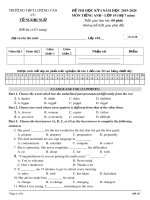 Đề thi học kì 1 môn Tiếng Anh 10 năm 2019-2020 có đáp án - Trường THPT Lương Văn Cù (Hệ 7 năm)