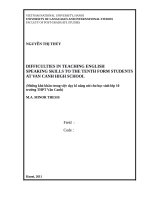 Difficulties in teaching english speaking skills to the tenth form students at van canh high school 