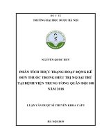 NGUYỄN QUỐC HUY PHÂN TÍCH THỰC TRẠNG HOẠT ĐỘNG kê đơn THUỐC TRONG điều TRỊ NGOẠI TRÚ tại BỆNH VIỆN TRUNG ƢƠNG QUÂN đội 108 năm 2018 LUẬN văn dƣợc sĩ CHUYÊN KHOA cấp i hà nội 2019 