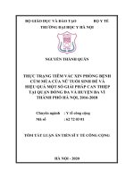 Thực trạng tiêm vắc xin phòng bệnh cúm mùa của nữ tuổi sinh đẻ và hiệu quả một số giải pháp can thiệp tại quận đống đa và huyện ba vì thành phố hà nội, 2016   2018 tt 