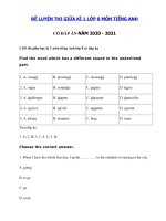 Tải Bộ đề thi giữa học kì 1 lớp 8 môn Anh năm 2020 - 2021 - Đề thi giữa kì 1 tiếng Anh 8 mới có đáp án