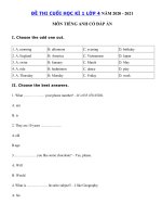 Tải Đề thi học kì 1 lớp 4 môn tiếng Anh năm 2020 - 2021 - Đề thi tiếng Anh lớp 4 học kì 1 có đáp án