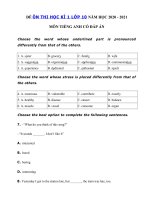 Tải Đề thi tiếng Anh học kì 1 lớp 10 năm 2020 - 2021 - Đề thi tiếng Anh lớp 10 học kì 1 có đáp án