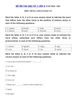 Tải Đề thi học kì 1 lớp 6 môn tiếng Anh năm 2020 - 2021 số 4 - Đề thi tiếng Anh lớp 6 học kì 1 có đáp án