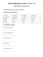 Tải Đề thi giữa học kì 1 môn Tiếng Anh lớp 4 Tiểu học Hải An, Tĩnh Gia năm 2020 - 2021 - Đề thi tiếng Anh lớp 4 giữa học kì 1 có đáp án