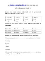 Tải Đề thi tiếng Anh lớp 10 học kì 1 năm 2020 - 2021 số 2 - Đề thi học kì 1 tiếng Anh lớp 10 có đáp án