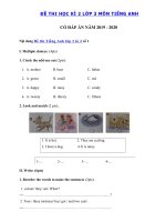 Tải Đề kiểm tra học kì 2 môn Tiếng Anh lớp 3 trường Tiểu học Côn Minh năm 2019 - 2020 - Đề thi tiếng Anh lớp 3 học kỳ 2 có đáp án