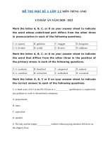 Tải Đề thi tiếng Anh 12 học kì 1 năm 2020 - 2021 - Đề thi học kì 1 lớp 12 môn tiếng Anh có đáp án