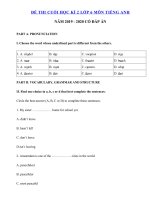 Tải Đề thi học kì 2 lớp 6 môn tiếng Anh năm 2019 - 2020 số 2 - Đề kiểm tra tiếng Anh lớp 6 học kì 2 có đáp án