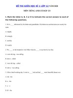 Tải Đề thi giữa học kì 1 lớp 12 môn Anh năm 2020 - 2021 - Đề thi giữa học kì 1 môn tiếng Anh lớp 12 có đáp án