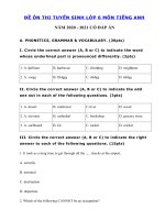 Tải Đề ôn thi vào lớp 6 môn tiếng Anh năm 2020 - 2021 số 7 - Đề thi tiếng Anh vào lớp 6 có đáp án