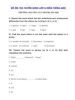 Tải Đề thi thử tiếng Anh vào lớp 6 trường Nguyễn Tất Thành, Hà Nội năm 2020 - Đề thi tuyển sinh lớp 6 môn tiếng Anh có đáp án