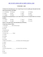 Tải Đề thi thử vào lớp 10 môn tiếng Anh năm 2020 - 2021 số 23 - Đề tiếng Anh thi vào lớp 10 có đáp án