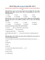 Tải Đề thi Tiếng Anh vào lớp 10 năm 2020 - Đề 11 - Đề luyện thi vào 10 môn Anh nâng cao có đáp án