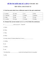 Tải Đề thi tiếng Anh lớp 6 giữa học kì 1 năm 2020 - 2021 số 3 - Đề thi giữa học kì 1 lớp 6 môn Anh có đáp án