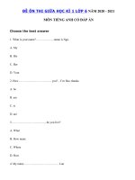 Tải Đề thi giữa học kì 1 lớp 6 môn Anh năm 2020 - 2021 số 2 - Đề thi tiếng Anh lớp 6 giữa học kì 1 có đáp án