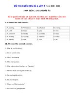 Tải Đề thi tiếng Anh lớp 4 học kì 1 năm 2020 - 2021 - Đề thi học kì 1 lớp 4 môn tiếng Anh có đáp án