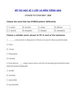 Tải Đề thi tiếng Anh lớp 10 học kì 2 năm 2019 - 2020 - Đề kiểm tra tiếng Anh 10 kì 2 có đáp án