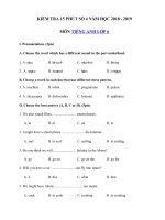 Tải Đề kiểm tra 15 phút số 4 môn Tiếng Anh lớp 6 năm học 2018 - 2019 - Bài kiểm tra Tiếng Anh lớp 6 có đáp án