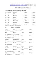 Tải Đề thi học sinh giỏi tiếng Anh lớp 3 năm 2019 - 2020 số 8 - Đề kiểm tra tiếng Anh lớp 3 có đáp án