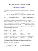 Tải Kiểm tra 1 tiết số 3 môn Tiếng Anh lớp 12 năm học 2018 - 2019 - Đề kiểm tra Tiếng Anh lớp 12 có đáp án
