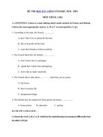 Tải Đề thi học kì 1 lớp 8 môn Tiếng Anh năm học 2018 - 2019 trường THCS Lình Huỳnh - Kiểm tra học kì 1 môn Tiếng Anh lớp 8 chương trình mới