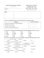 Tải Đề kiểm tra 1 tiết số 3 môn Tiếng Anh lớp 6 trường THCS Khương Thượng, Hà Nội năm học 2015 - 2016 - Đề kiểm tra 45 phút học kỳ 2 môn tiếng Anh lớp 6 có đáp án