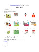 Tải Đề thi học kì 1 lớp 4 môn Tiếng Anh có file nghe năm học 2018 - 2019 số 1 - Đề kiểm tra môn Tiếng Anh lớp 4 học kì 1 có đáp án