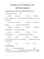 Tải Đề kiểm tra 15 phút lần 3 Tiếng Anh lớp 8 năm học 2018 - 2019 - Kiểm tra môn Tiếng Anh lớp 8 chương trình mới có đáp án