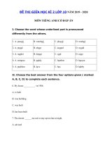 Tải Đề thi giữa kì 2 lớp 10 môn tiếng Anh năm 2019 - 2020 - Đề kiểm tra tiếng Anh lớp 10 mới có đáp án