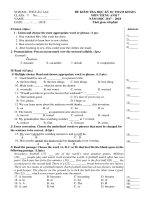 Đề thi thử học kì 2 môn Tiếng Anh lớp 7 THCS Âu Lạc có đáp án | Tiếng Anh, Lớp 7 - Ôn Luyện