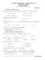 Bài kiểm tra học kỳ 2 môn Toán lớp 11 năm học 2016- 2017 mã 101 | Toán học, Lớp 11 - Ôn Luyện