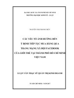 Các yếu tố ảnh hưởng đến ý định tiếp tục mua hàng qua trang mạng xã hội facebook của giới trẻ tại thành phố hồ chí minh việt nam 