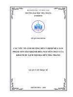 Các yếu tố ảnh hưởng đến ý định mua sản phẩm yến sào khánh hòa nguyên chất của khách du lịch nội địa đến nha trang  