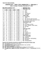 Đáp án đề kiểm tra - đánh giá môn Tiếng Anh cuối kỳ 1 năm học 2020-2021.