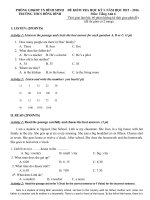 Tải Đề thi học kì 1 môn Tiếng Anh lớp 6 trường THCS Đông Bình, Vĩnh Long năm 2015 - 2016 - Đề kiểm tra học kì 1 môn Tiếng Anh lớp 6 có đáp án và file nghe