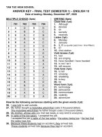 Đáp án đề kiểm tra - đánh giá môn Tiếng Anh cuối kỳ 1 năm học 2020-2021.