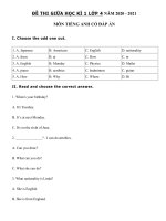 Tải Đề thi giữa kì 1 lớp 4 môn tiếng Anh năm 2020 - 2021 số 3 - Đề kiểm tra tiếng Anh lớp 4 giữa kì 1 có đáp án