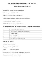 Tải Đề kiểm tra tiếng Anh lớp 4 giữa kì 1 năm 2020 - 2021 số 3 - Đề thi giữa kì 1 lớp 4 môn tiếng Anh có đáp án