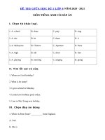 Tải Đề kiểm tra tiếng Anh lớp 4 giữa kì 1 năm 2020 - 2021 số 2 - Đề thi giữa kì 1 lớp 4 môn tiếng Anh có đáp án