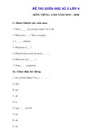 Tải Đề thi giữa học kì 2 tiếng Anh lớp 4 năm 2019 - 2020 - Đề kiểm tra tiếng Anh lớp 4 có đáp án