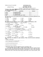 Tải Đề thi học kỳ 1 môn tiếng Anh lớp 7 Tam Điệp, Ninh Bình năm học 2015 - 2016 - Đề kiểm tra học kỳ 1 môn tiếng Anh lớp 7 có đáp án