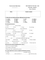 Tải Bài kiểm tra số 1 môn tiếng Anh lớp 9 trường THCS Tích Sơn, Vĩnh Phúc năm học 2015 - 2016 - Đề thi tiếng Anh lớp 9 có đáp án