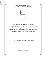 Thực trạng sử dụng rượu bia và một số yếu tố liên quan ở sinh viên trường cao đẳng y dược Hồng Đức, thành phố Hồ Chí Minh, năm 2020.