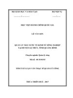 Tóm tắt Luận văn Thạc sĩ Quản lý công: Quản lý Nhà nước về kinh tế nông nghiệp tại huyện Lệ Thủy, tỉnh Quảng Bình