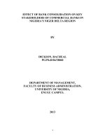 EFFECT OF BANK CONSOLIDATION ON KEYSTAKEHOLDERS OF COMMERCIAL BANKS IN NIGERIA’S NIGER DELTA REGION BYDICKSON, RACHEALPG/Ph.D/04/38060DEPARTMENT OF MANAGEMENT, FACULTY OF BUSINESS ADMINISTRATION, UNIVERSITY OF NIGERIA, ENUGU CAMPUS