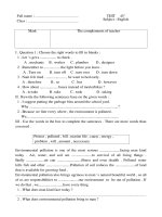full name full name class test 45’ subject english mark the complements of teacher i question 1 choose the right words to fill in blanks 1 let ‘s get a to check a mechanic b worker c plumber d designe